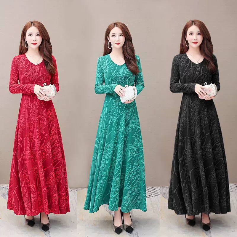 Cộng với size áo xuân mới 2020 thời trang váy dài dệt kim jacquard dài tay đầm mẹ tiệc lớn váy xòe - Váy dài