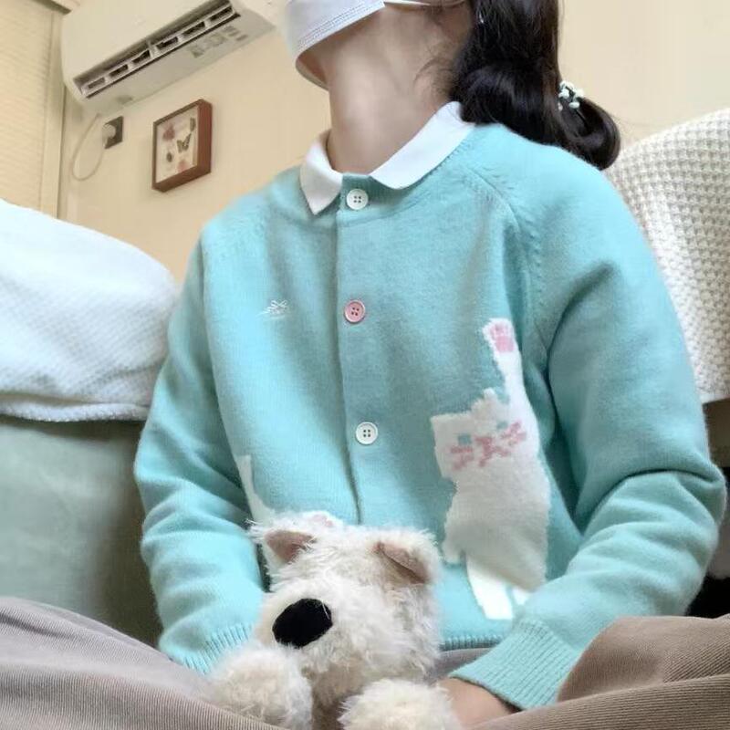 Korean-Style Sweet Button-Up Cardigan with Playful Cat Jacquard Knit for Women, Spring and Autumn Candy-Colored Lazy Soft Sweater