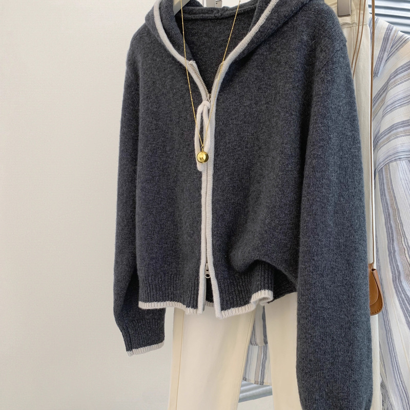 Gray Zip-Up Hooded Knit Cardigan for Women, 2025 Spring and Autumn, Short Style for Petite Figures, Thickened, Loose-Fitting Hooded Jacket