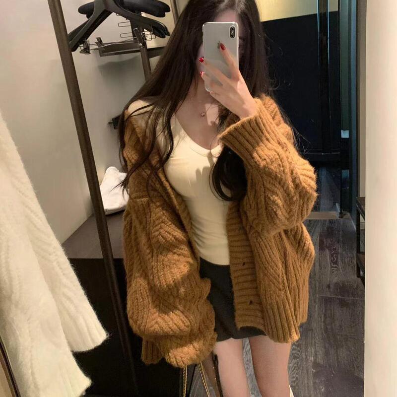 Early Autumn Korean Style Brown Sweater Coat for Women, Autumn and Winter Loose Lazy Style Twist Knit Cardigan Chic Top Thickened