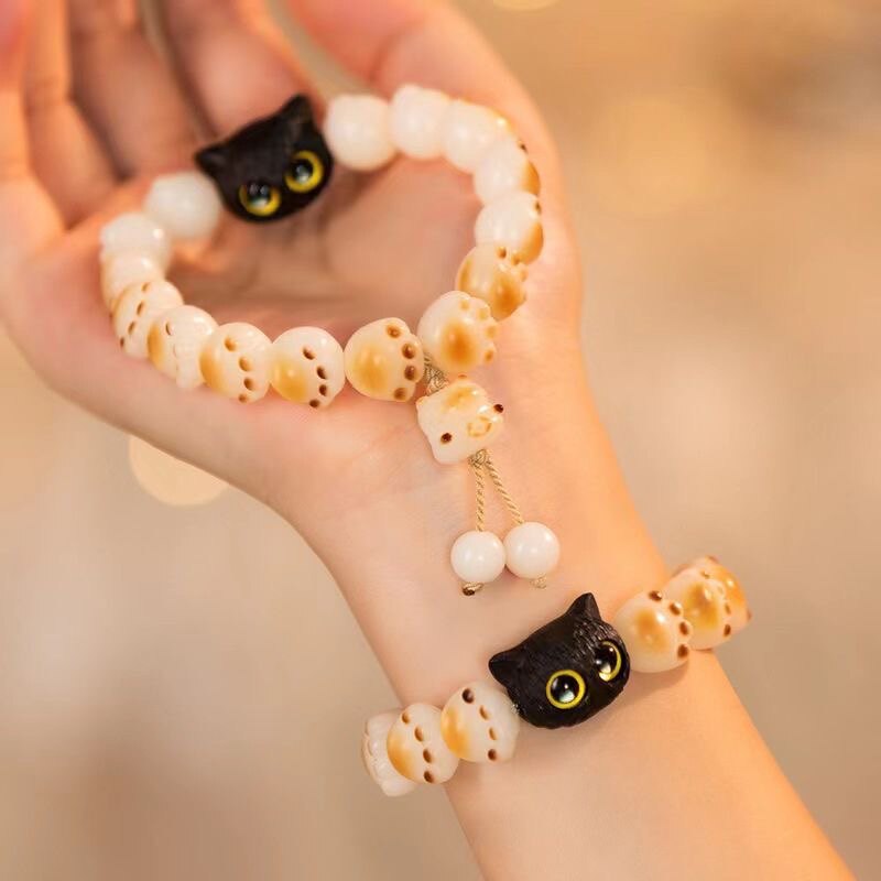 Carbon Baking Bodice Tigen Small Black Cat Felon Cat Paw Strings Bracelet Girls Black Sandalwood Black Cat Text Playlist Wholesale-Taobao