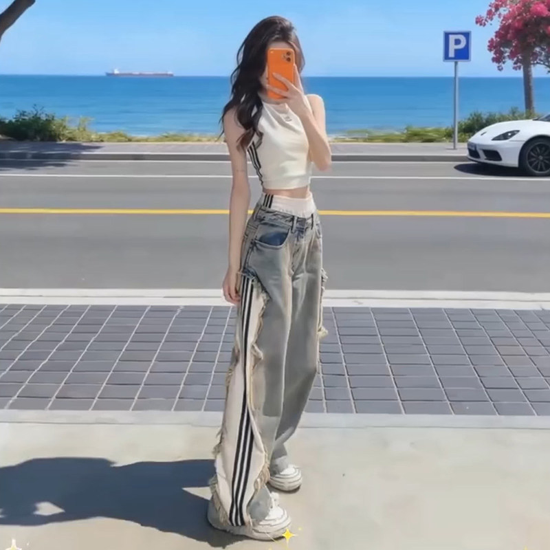 Supdorx~ Super Stylish Hot Girl Casual Sports Suit for Women, Summer Tank Top with Denim Wide-Leg Pants Two-Piece Set