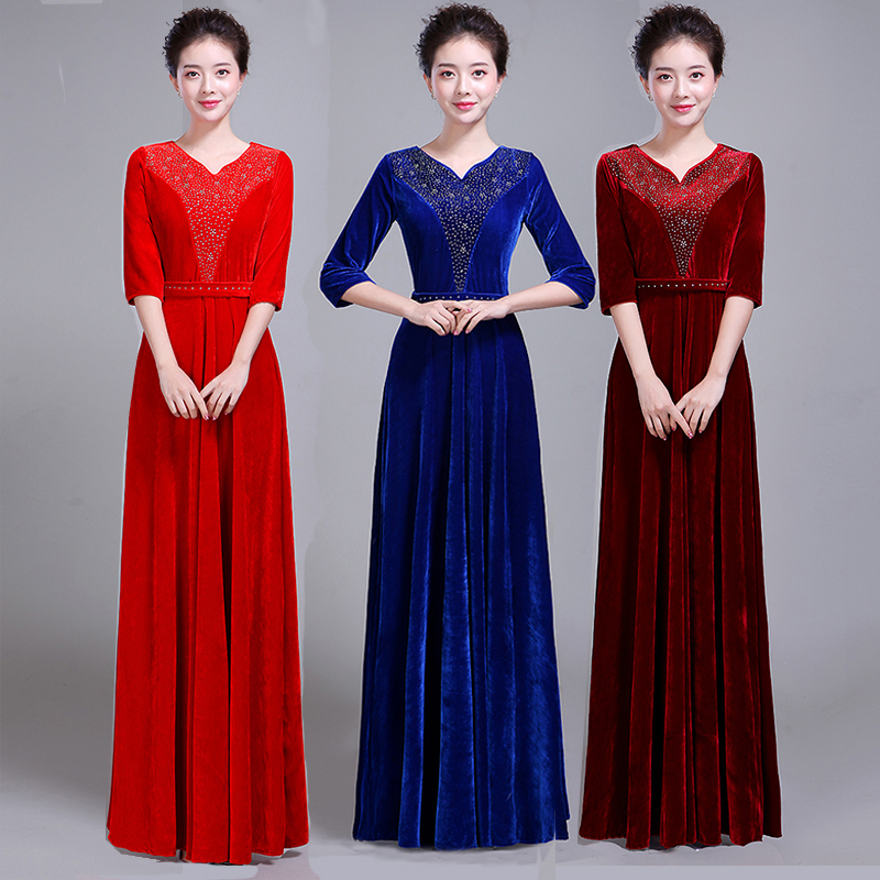 Middle-Aged and Elderly Women's Choir Performance Dress, Long Skirt, Orchestra Conductor's Dress, Autumn and Winter Adult Stage Costume, Gold Velvet