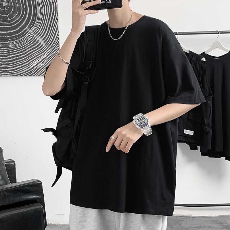 Black T-Shirt for Men, Summer Korean Style, Trendy, Loose, Casual, Short-Sleeved, Half-Sleeved, Large Size, Solid Color, Versatile Top