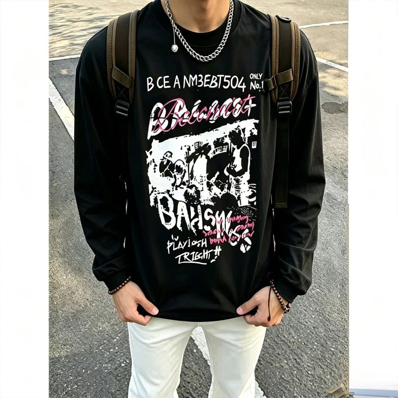 American High Street Style Letter Print Heavyweight Pure Cotton Long-Sleeve T-Shirt for Men, Summer Trendy Brand, Loose Fit Inner Wear for Teenagers American High Street Style Letter Print Heavyweight Pure Cotton Long-Sleeve T-Shirt for Men, Summer Trendy Brand, Loose Fit Inner Wear for Teenagers