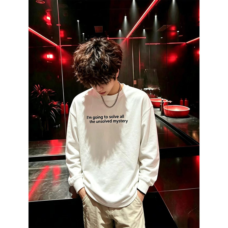 American High Street Style Lettered White Heavyweight Pure Cotton Long-Sleeve T-Shirt for Men, 2026 Autumn Trendy Brand Loose Top for Teenagers