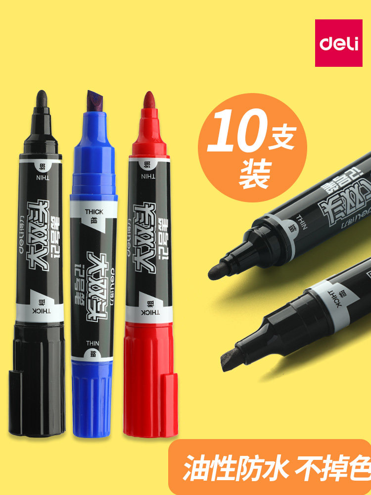 Deli Large Double-Headed Oil-Based Marker Pen, Black Marker, Thick Tip Pen, Waterproof, Oil-Proof, Non-Fading, Red Outlining Pen, Large Thick Tip, Bold Art Site-Specific Children's Oil-Based Pen