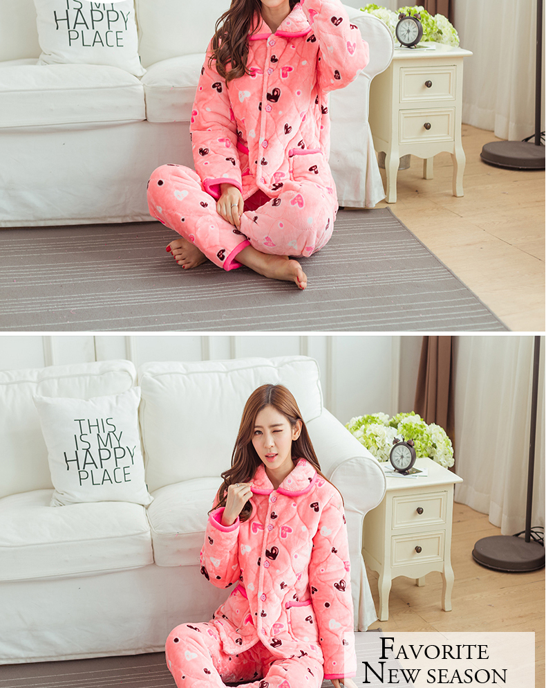 Bộ đồ ngủ nữ mùa đông ba lớp dày flannel Bộ đồ ngủ đặt mùa thu và mùa đông ấm áp nhung nước nhung dịch vụ nhà nhung pyjama nam
