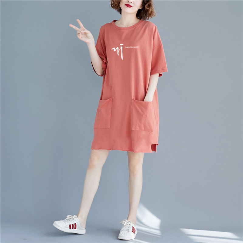 2026 New Summer Short-Sleeved Pure Cotton T-Shirt for Women, Plus Size Loose Fit Maternity Wear, Full Cotton Mid-Length Dress