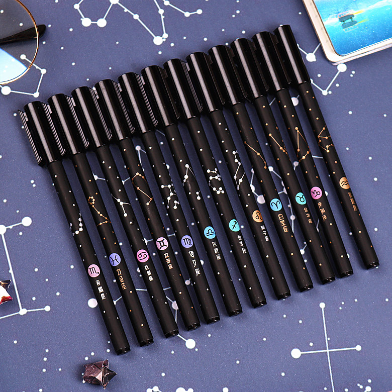 Twelve constellation pen simple quick-drying gel pen water-based pen 0 5 black full needle tube cute creative exam students
