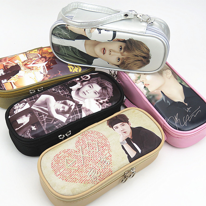 South Korea exo collective 12 people Luhan Zhang Yixing creative large-capacity flat pull PU pencil case stationery box