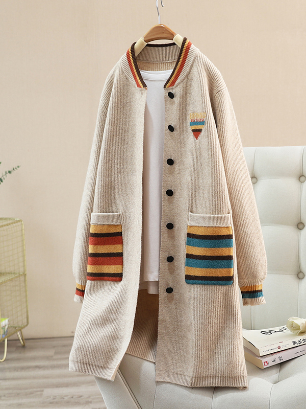 Mid-Length Sweater Coat, Thick, 2023 Autumn and Winter New Style, Pocket Striped Color-Blocked Knit Cardigan, Loose Knit Trench Coat