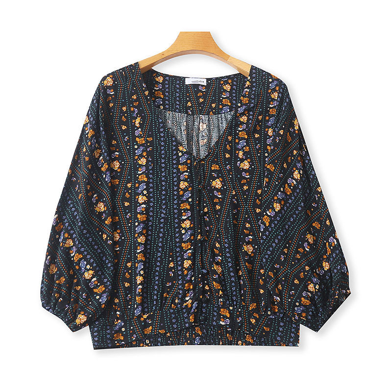 Foreign Trade Summer Style Rayon V-Neck Three-Quarter Sleeve Shirt for Women, New Elastic Waist Slimming Fashion Shirt