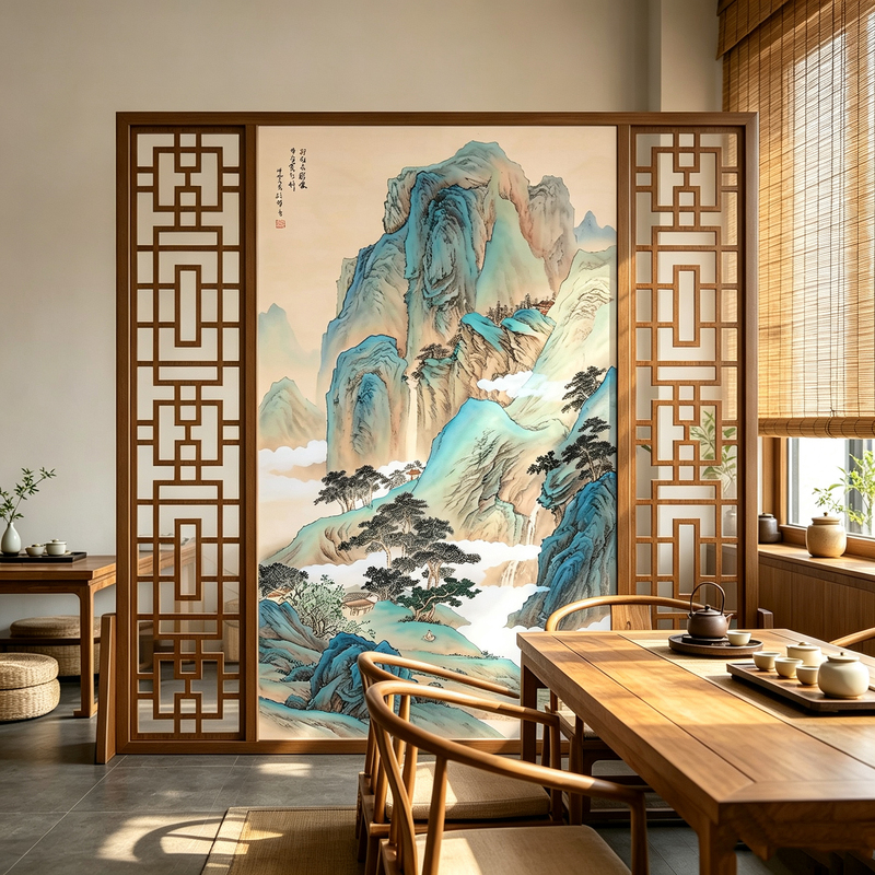 Sung Dynasty Aesthetic Screen Partition for Living Room, Entryway, Solid Wood Office, Landscape Design, Bedroom Divider, Household Use, Movable