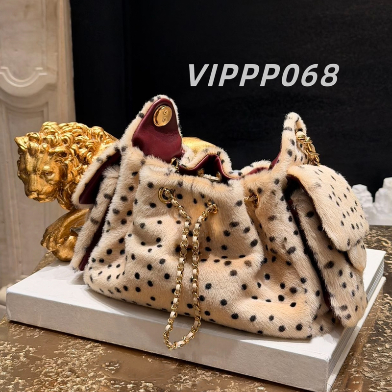 26A New Model 25Bag Mini Hobo Leopard Print Fur Polka Dot Chain Bag Women's Drawstring Bucket Bag