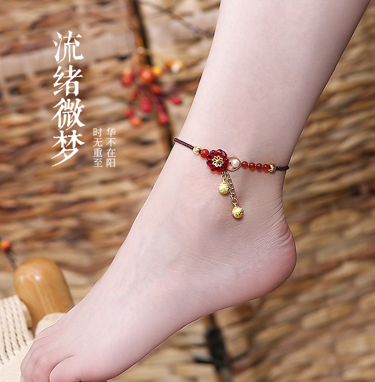 Hanada gió cổ xưa vòng chân ngọc trai nước ngọt cổ điển dệt tay dây đỏ chân chuỗi sinh viên Sen chăm sóc thủy triều lắc chân nữ đẹp