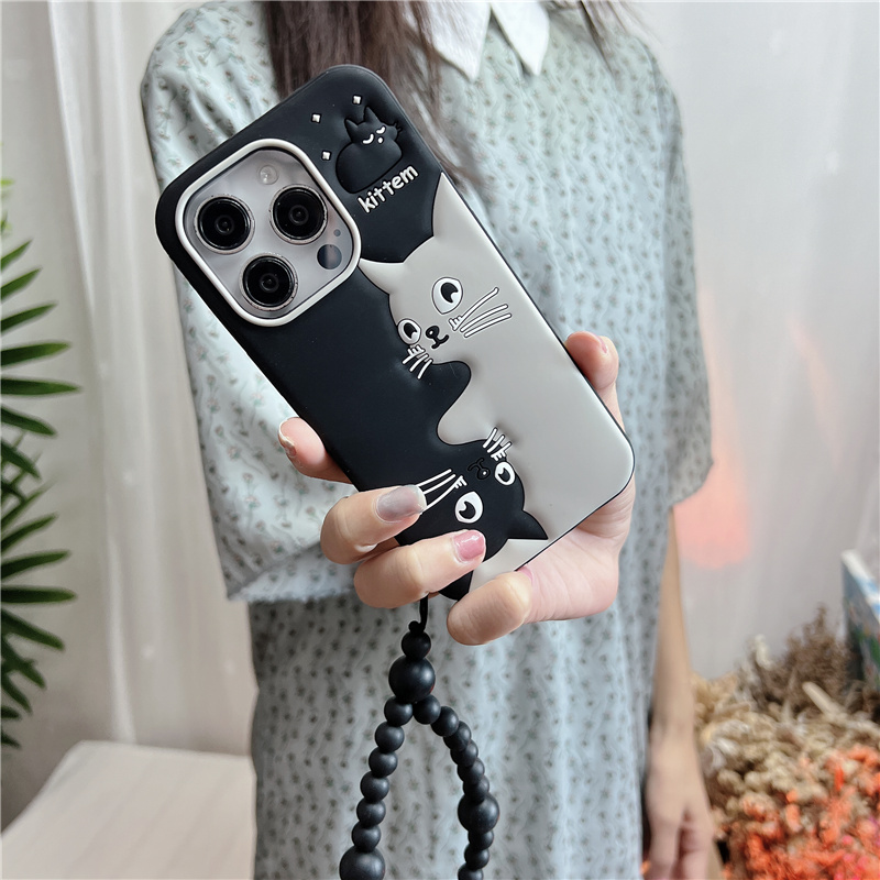 Braccialetto con perline a forma di gatto con cartoni animati, adatto per iPhone 14 Promax, custodia per telefono 15 Plus, custodia in silicone elastica appesa_voghion.com