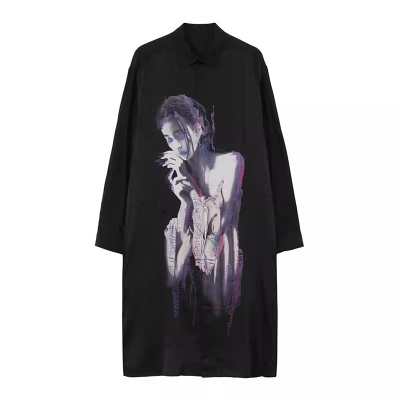 Blackpoet Dark Style Portrait Print Shirt Mid-Length Artistic Shirt Loose Fit Unisex