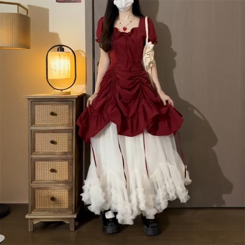 Designed and Elegant, Three-Wear Puff-Sleeved Dress for Women, Summer Waist Slimming Look, Drawstring Ruffles, Beautiful Skirt