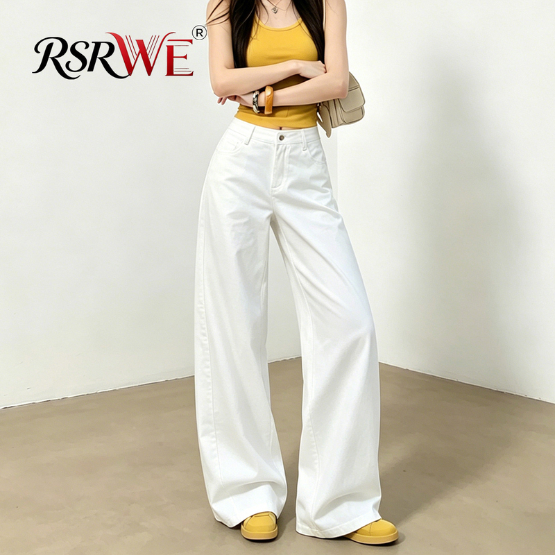 【High Quality】White Casual Pants for Women, Loose Straight-Leg, Extended Length for Tall People, Wide-Leg Nine-Point Jeans