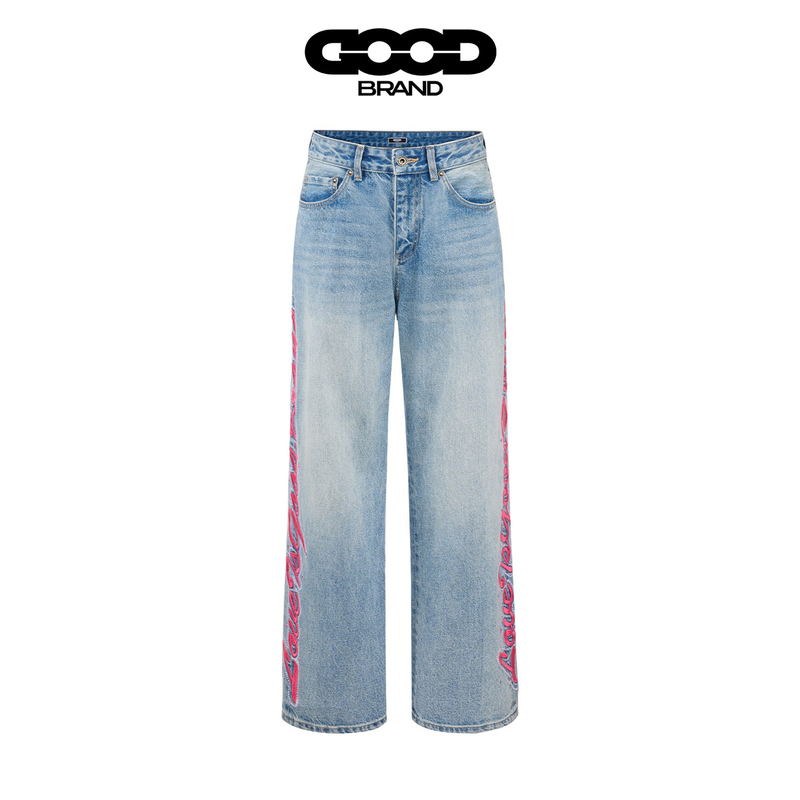 Good 26Ss Pink Floral Embroidery Fashion High-End Ice Blue Jeans Trousers Unisex Trendy