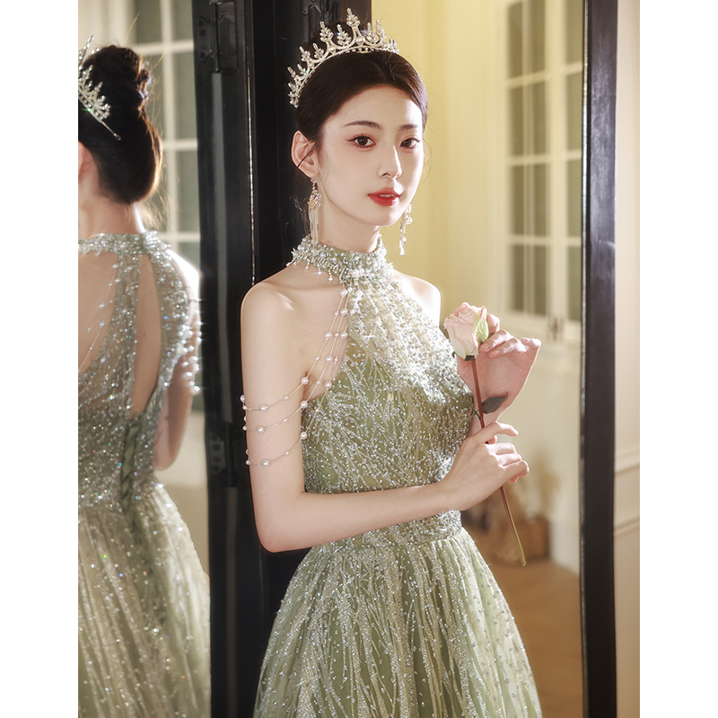Halter Neck Evening Dress, High-End Light Luxury Hostess Dress, Sexy Birthday Party Student Graduation Elegant Green Dress