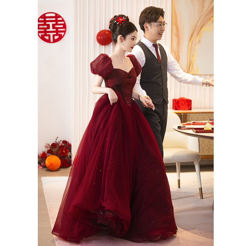 Puff Sleeve Toast Dress, Bride's Burgundy High-End Sexy V-Neck Engagement Dress, Mesh Wedding Evening Dress