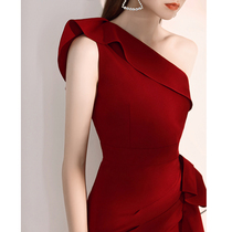 Toast service the bride can usually wear a red medium-length noble lady wedding thank you banquet one-shoulder evening dress dress