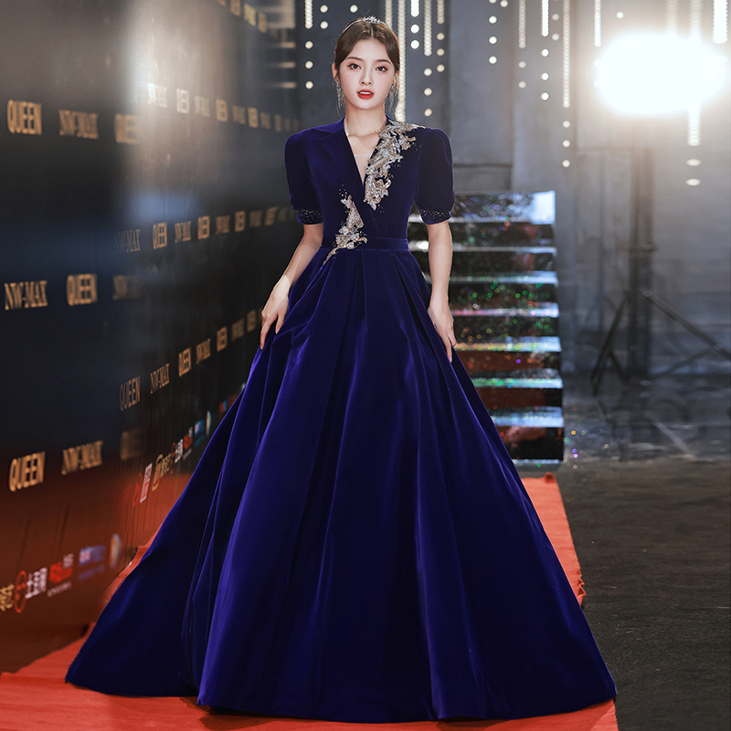 Blue Evening Dress, Elegant and Luxurious, Niche High-End Hostess Dress, Annual Meeting, High-End Feel, Art Exam, Solo Performance Dress