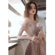 High-end atmospheric evening dress Fairy pink host one-word shoulder art Test vocal music light luxury niche dress autumn