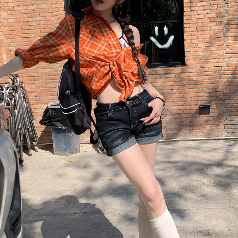 Mbmk American Retro Denim Shorts for Women 2025 Summer New Style Hot Girl Low-Waist Hip-Hugging Hot Pants Cuffed Pants
