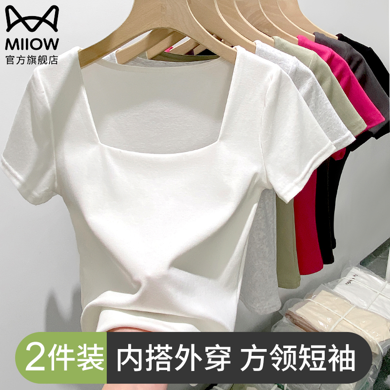 Cat-Themed Square-Neck Short-Sleeve T-Shirt for Women, Summer 2026 New Style, Regular Shoulder, Large Neckline, Short Top, Unique Base Shirt, Slim Fit Cat-Themed Square-Neck Short-Sleeve T-Shirt for Women, Summer 2026 New Style, Regular Shoulder, Large Neckline, Short Top, Unique Base Shirt, Slim Fit