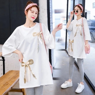 孕妇夏装连衣裙T恤短袖中长款两件套孕妇棉上衣孕妇套装棉感