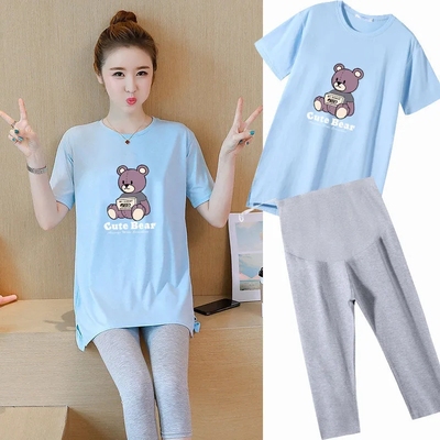 孕妇装夏装短袖大码连衣裙时尚潮妈夏天中长款上衣宽松T恤衫套装