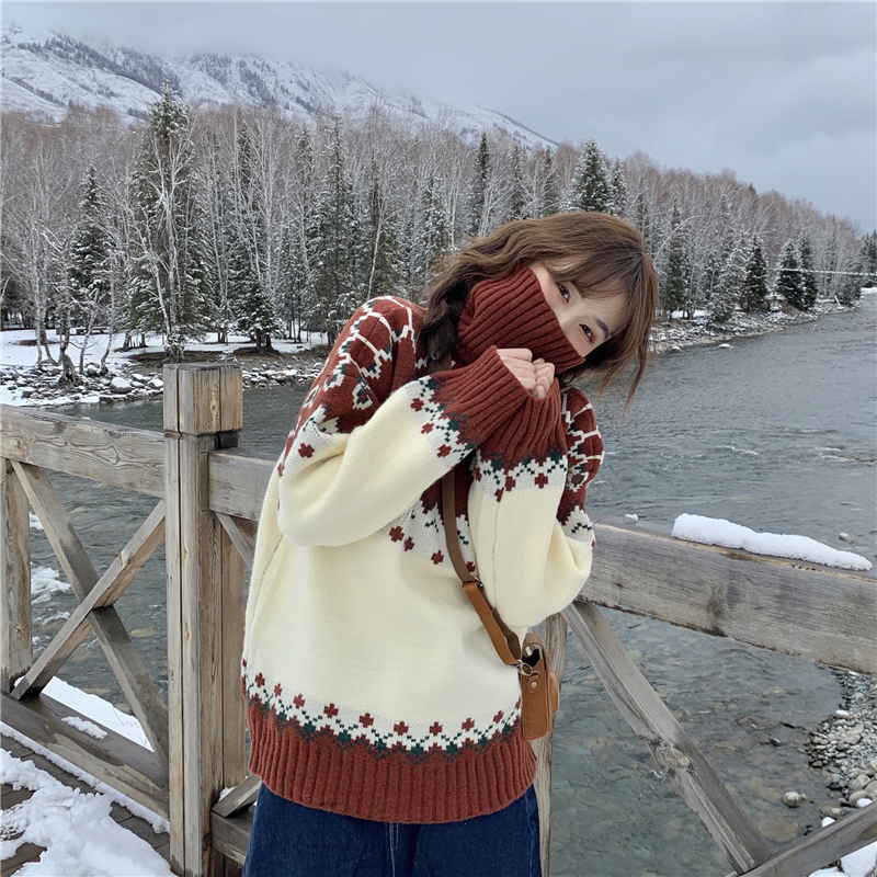 High-Neck Christmas Sweater for Women, Loose Fit, Red, New Model for the Year of Birth, Autumn and Winter, Thickened, Gentle and Lazy Style Top