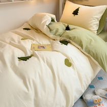 Small fresh pure cotton bed four-piece set pure cotton 2024 new childrens cartoon towel embroidered quilt cover bed sheet three-piece set