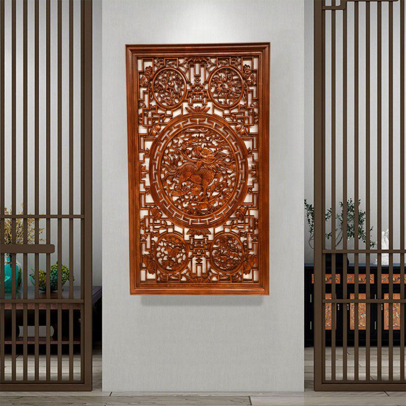 Dongyang wood carving pendants camphor wood solid wood carving unicorn vertical screen Chinese living room porch decoration wall hanging craft gift decoration