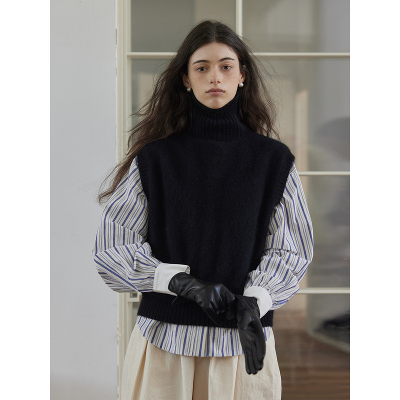Digwill Wool Turtleneck Solid Color French Style Layered Sweater Vest