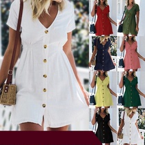 V-neck Slim single-row button high waist dress female