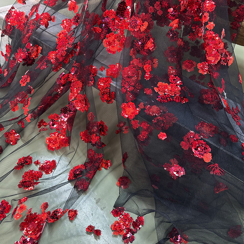Black Background with Red Flower Sequin Embroidery, Mesh Sequin Embroidery Dress Fabric, Dress Wedding Dress Background Designer Fabric