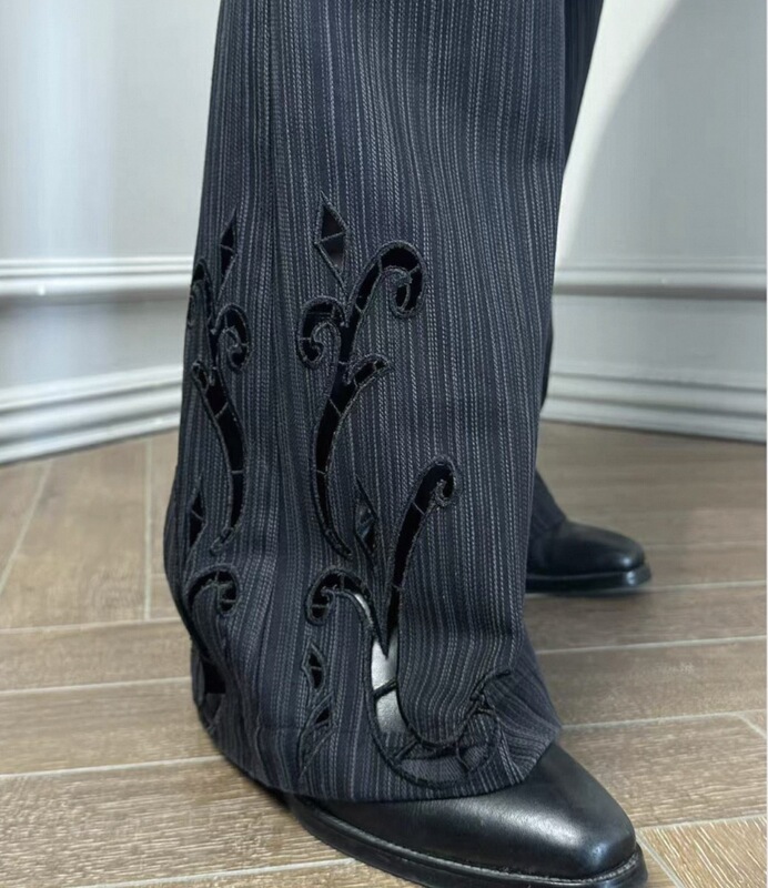 Pre "Per Mirror" Iris Flower Dark Pattern Floral Embroidery Textured Striped Flared Trousers Cleanfit Casual Pants Pre "Per Mirror" Iris Flower Dark Pattern Floral Embroidery Textured Striped Flared Trousers Cleanfit Casual Pants