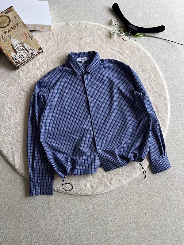 Pre Royal Blue Plaid Drawstring Long-Sleeved Shirt Miu Series Autumn and Winter Cleanfit Versatile Cardigan