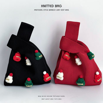 2025 christmas portable gift bag knitted bag cute hat children student wrist bag companion gift bag