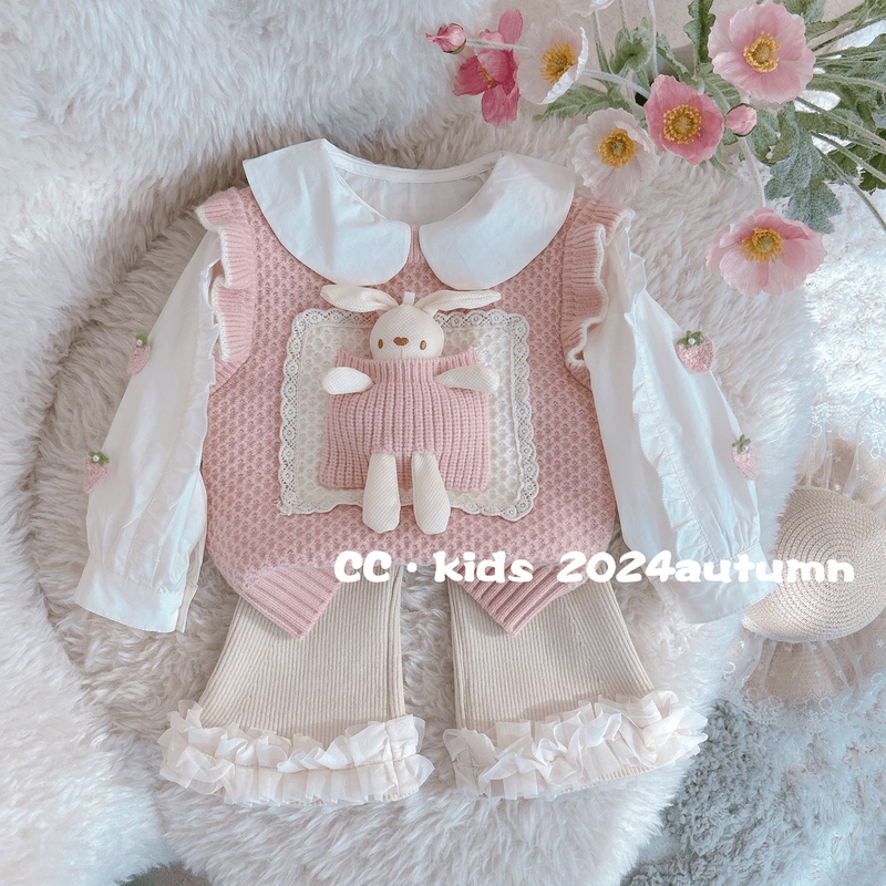 Little Girl's Autumn Cute Doll Vest Doll Collar Shirt Sweet Lace Pants Set 2025 Spring and Autumn Two-Piece Set