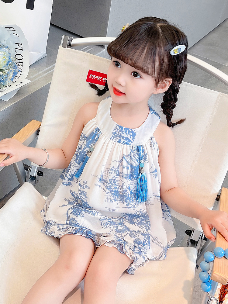 女宝宝�夏季中国风吊带套装水墨雪纺裙萌翻了！