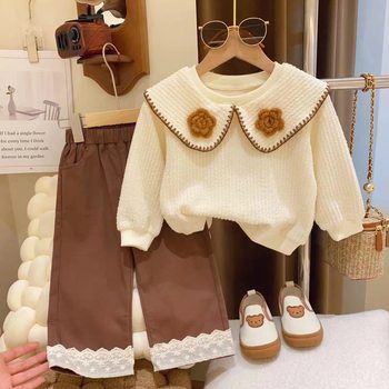 Girl baby suit flower decoration lapel bottoming shirt lace wide-leg pants two-piece suit spring and autumn fashion trendy spring