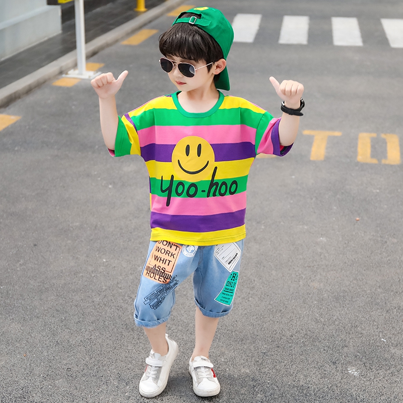 Bé trai Summer Outfit Stakes 2019 mới 3-Year-Old bé 5 Yangqi Hàn Quốc phiên bản 4 Hai mảnh Set 8 Kids Fashion 7 Kids 6