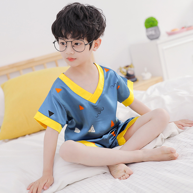 Childrens đồ ngủ lụa băng mùa hè mỏng tay áo ngắn phương Đông lụa 7 chàng trai nhà quần áo đồ ngủ cô gái mùa hè hai mảnh thiết lập 9.