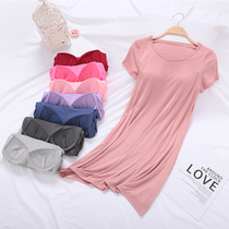 With chest pad Modal pajamas night dress Womens summer short sleeve bra-free cup one-piece thin large size home dress