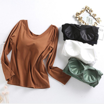 Womens spring and Autumn long-sleeved T-shirt with chest pad pajamas V-neck bra-free cup one-piece top sports yoga can be worn outside